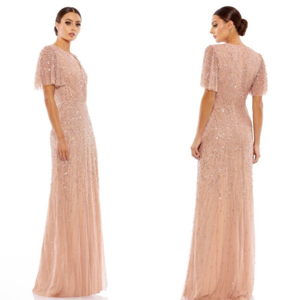 NEW $698 Mac Duggal [ 16 ] V-Neck Embellished Flutter Sleeve Gown in Nude